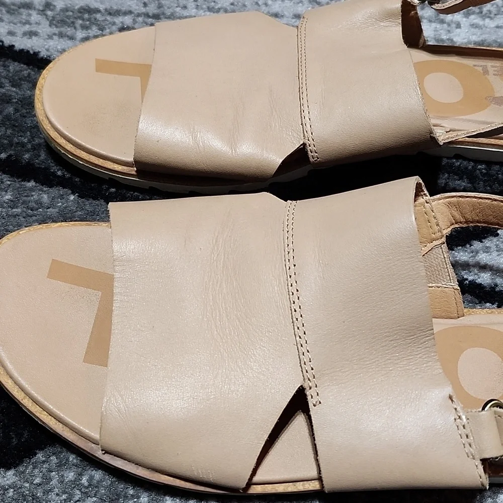 SOREL ELLA II BEIGE SEA SALT LEATHER  SLINGBACK FLAT SANDALS SIZE US 9